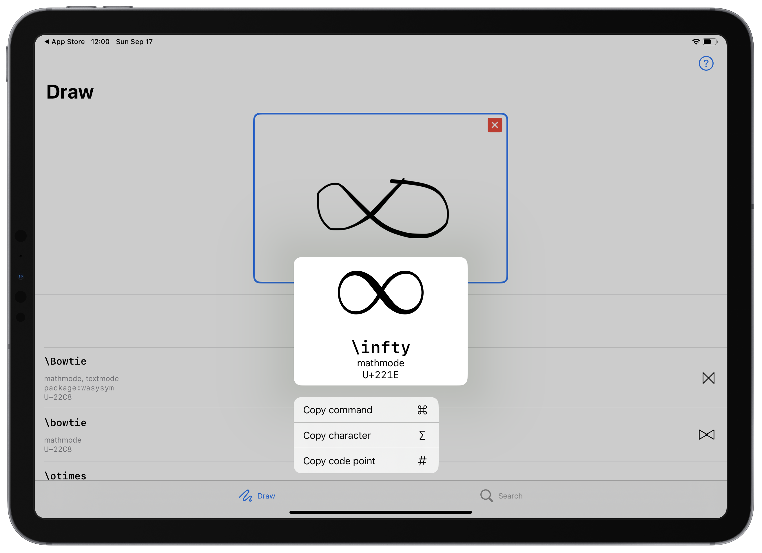 Screenshot of DeTeXt finding the LaTeX symbol for infinity on iPad Pro.
