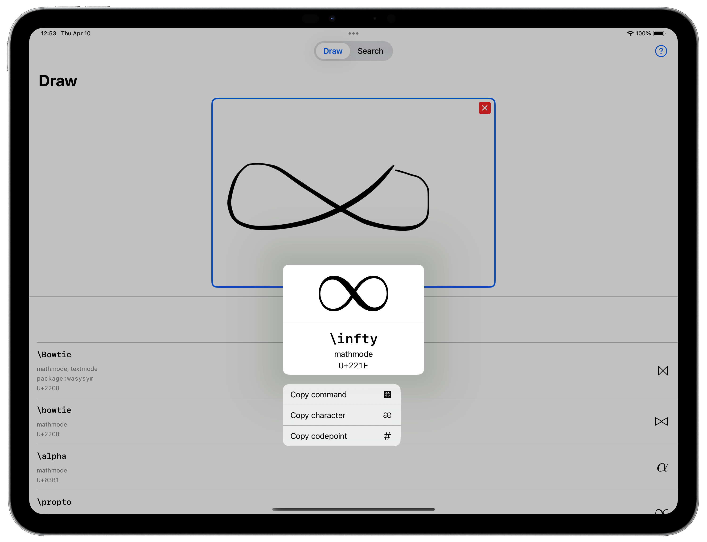 Screenshot of DeTeXt finding the LaTeX symbol for infinity on iPad Pro.