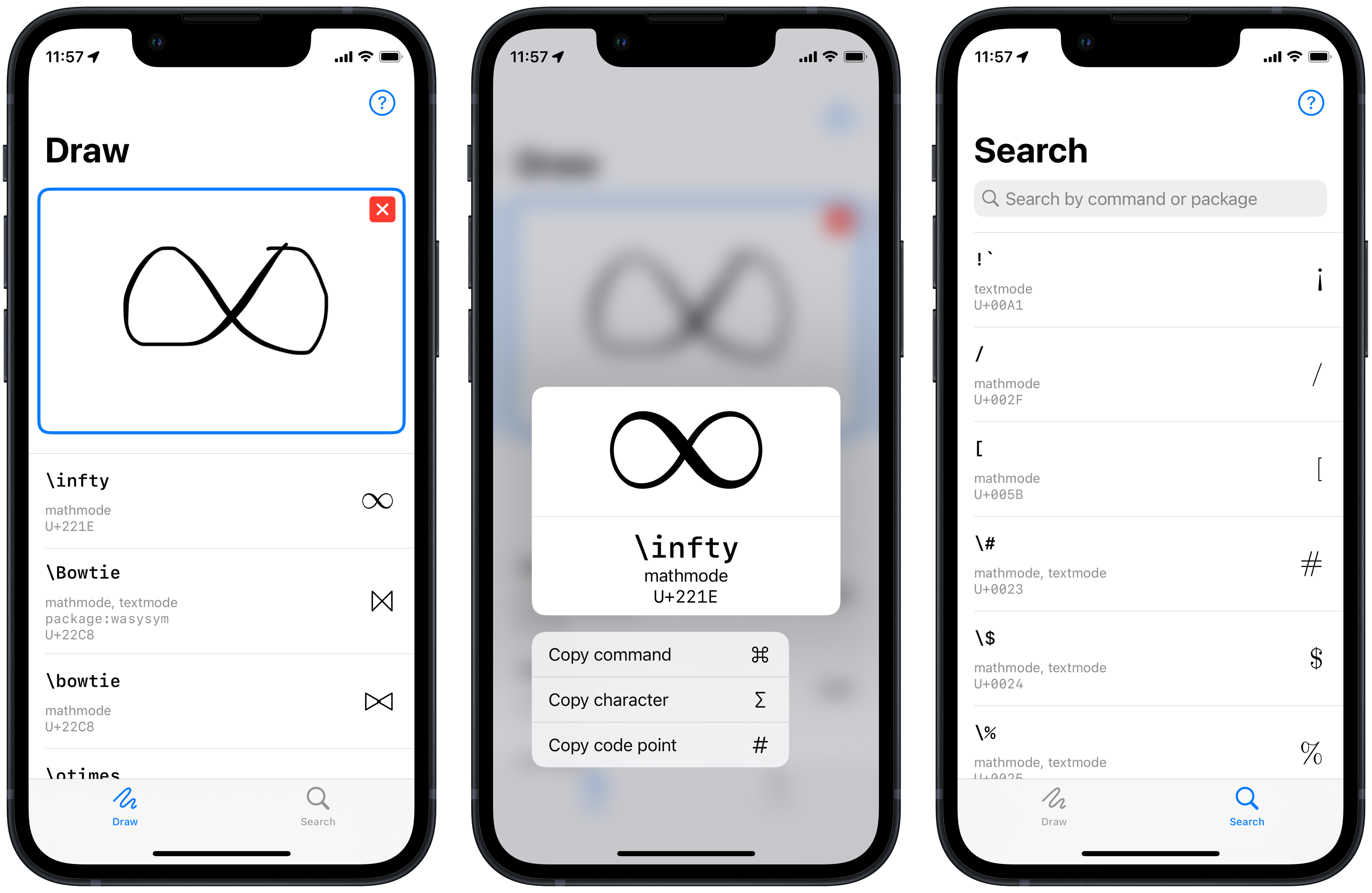 Screenshot of DeTeXt finding the LaTeX symbol for infinity on iPhone 12 mini.