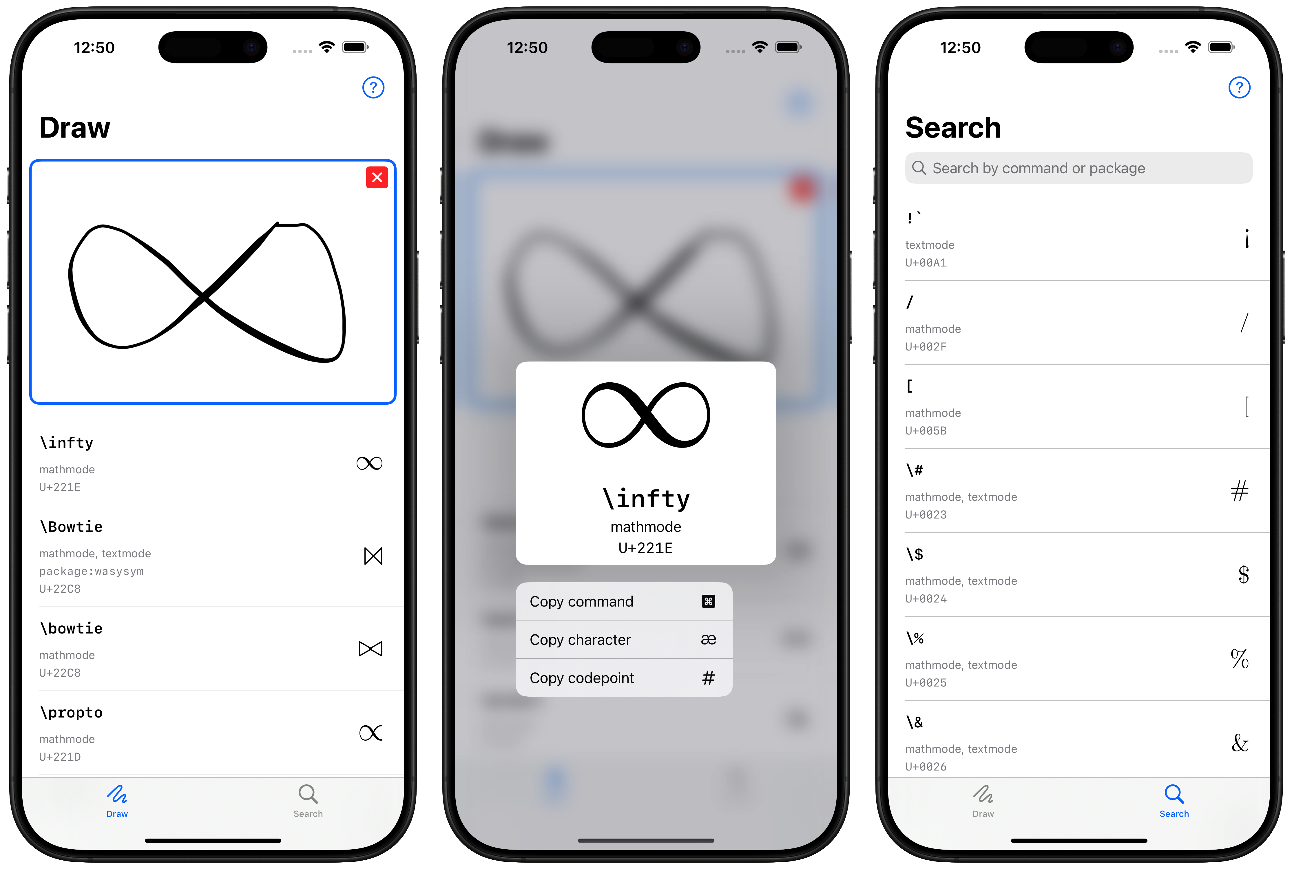 Screenshot of DeTeXt finding the LaTeX symbol for infinity on iPhone 12 mini.