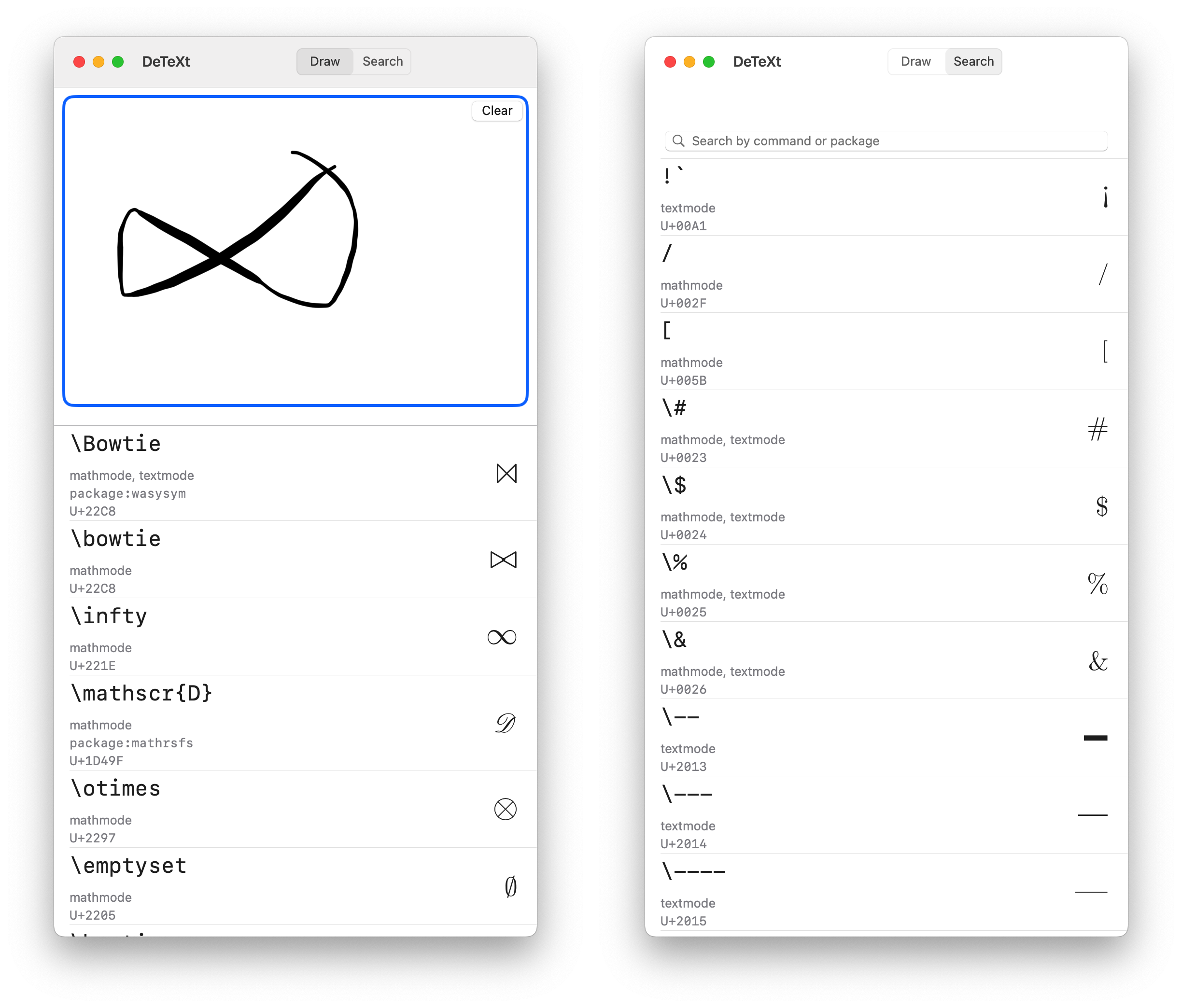 Screenshot of DeTeXt running in a window on the mac, finding the LaTeX symbol for infinity